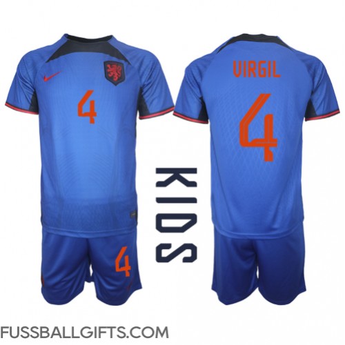 Niederlande Virgil van Dijk #4 Fußballbekleidung Auswärtstrikot Kinder WM 2022 Kurzarm (+ kurze hosen)